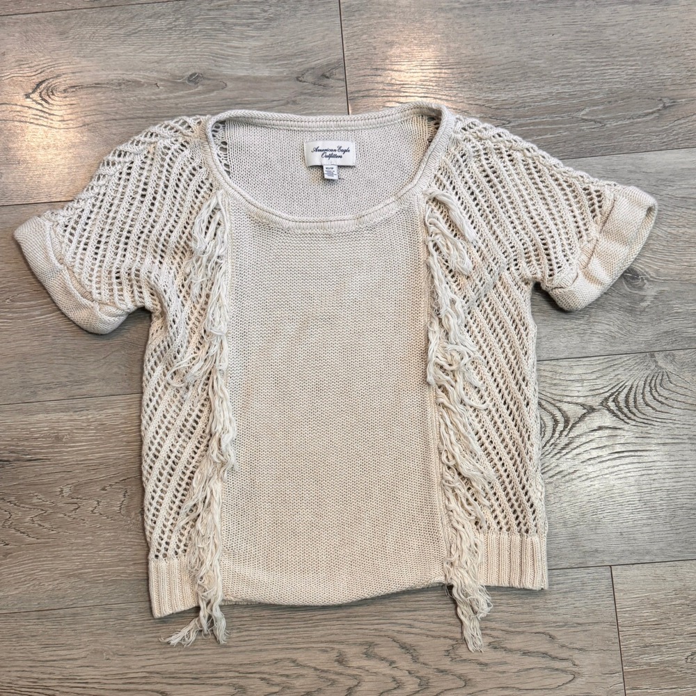 American Eagle Knit Top Fringe Trim Cream Crochet Bohemian Size XSmall XS